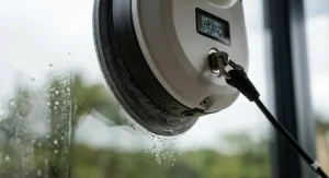 Close-up of the smart window cleaning robot’s safety suction mechanism on a glass window.