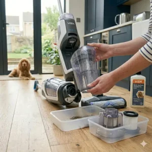 Close-up of a person holding the water tank and internal components of a floor cleaner.