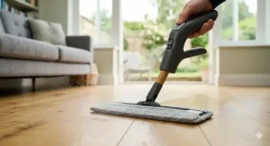 A spray mop misting a light, controlled amount of solution onto a sealed hardwood floor to prevent water damage.