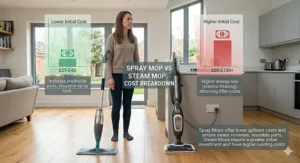 Price comparison infographic showing the lower upfront cost of a spray mop versus the higher investment and energy costs of a running steam mop.