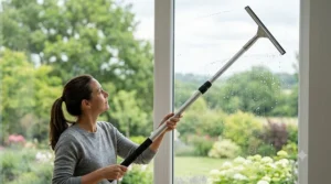 A window squeegee attached to an extension pole for cleaning high-level glass.