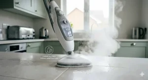 A low-angle close-up of a triangular steam mop head sanitising a ceramic tile grout line on a kitchen worktop, emitting a defined plume of steam with a graphic overlay reading 'CHEMICAL-FREE STEAM SANITISATION'.