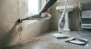 A handheld convertible steam cleaner unit being used in a bathroom to blast grime out of vertical tile grout lines with a specialised brush attachment, while the main upright base and a window squeegee rest nearby.