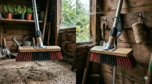 A durable outdoor garden broom fitted with a hanging hook stored neatly on a wall rack inside a garden shed.