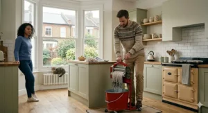 A diagram showing how to efficiently use a mechanical wringer bucket to remove excess water from a heavy-duty string mop, demonstrated by a man in a patterned woolly jumper inside a bright British kitchen.