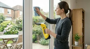 Using a cordless window vacuum to suction dirty water from a glass pane.