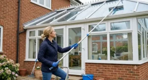 Using a long-reach window squeegee to clean the sloping glass panels of a conservatory roof.