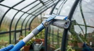 Close-up view of the squeegee head cleaning the curved glass panels of a garden greenhouse.