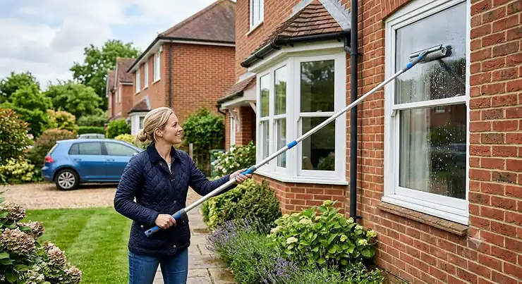 A person using a telescopic window squeegee to clean a second-storey window on a semi-detached house. telescopic window squeegee