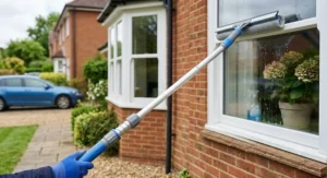 Close-up of the rubber blade and absorbent microfibre pad on a telescopic window squeegee.