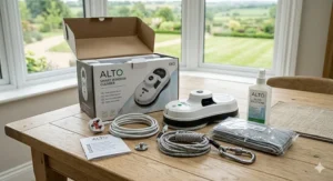 The contents of a smart window cleaning robot box laid out on a table, including power leads and safety rope.