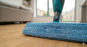 Close-up of thick, reusable microfibre cleaning pads attached to the bases of a spray mop and a steam cleaner.