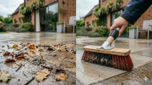 An outdoor broom being used to clear wet, muddy autumn leaves on a damp British driveway.