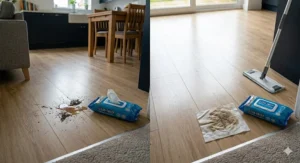 Before and after split illustration showing a muddy tea spill on a grey tiled kitchen floor completely cleaned using wet disposable floor wipes.