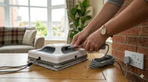 The window cleaning robot connected to a mains power cable for uninterrupted cleaning performance.
