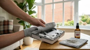 Replacing dirty microfibre cleaning pads on the base of an automated window cleaning robot.