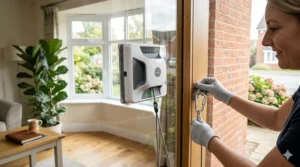 Close-up of a window cleaning robot’s safety tether attached to a secure indoor frame.
