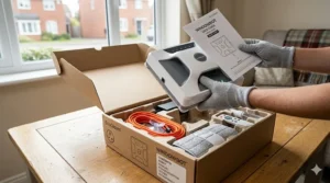 Hands unboxing a new window cleaning robot, showing all included safety cables and charging leads.