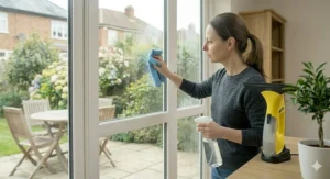 A cordless window vacuum charging on its base station with included accessories.