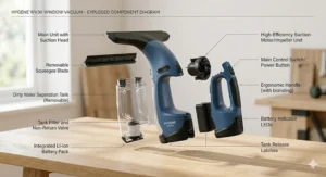Exploded view showing the suction head, water tank, and battery of a window vacuum.