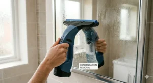 Handheld window vacuum cleaner removing condensation from a bathroom mirror surface.
