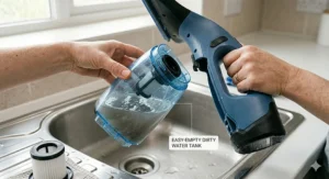 Removing the easy-empty dirty water tank from a window vacuum cleaner over a kitchen sink.