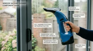 A window vacuum cleaner being used to clean a wet glass surface, highlighting the suction head and water tank.