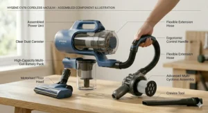 Assembled component illustration showing the parts of a cordless vacuum cleaner.