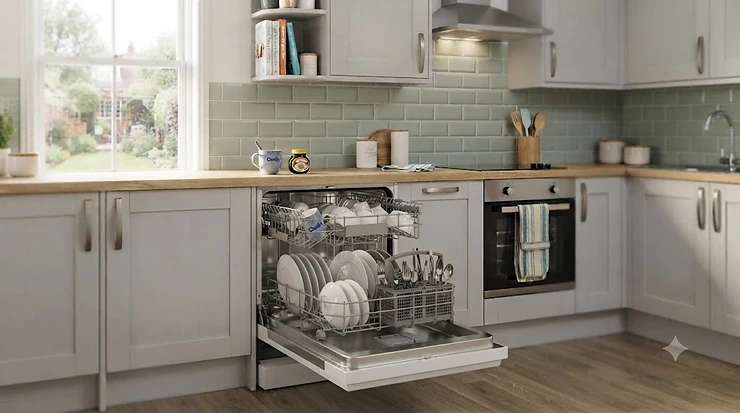 Open door of an affordable freestanding dishwasher displaying loaded cutlery baskets and flexible upper racks cheap freestanding dishwasher