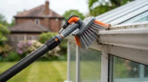 Angled detail brush cleaning dust and cobwebs from difficult-to-reach conservatory corner frames.
