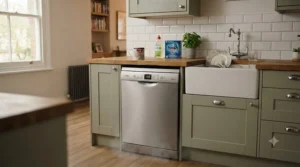 A modern British kitchen featuring the best compact dishwasher installed neatly on a sleek countertop.