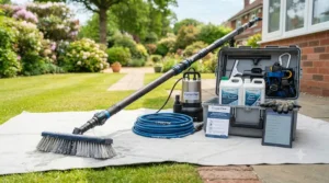 Essential tools for a conservatory roof cleaner, including a soft-bristled brush and telescopic pole.