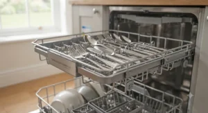 Interior view showing the adjustable cutlery tray fully extended in a modern dishwasher.