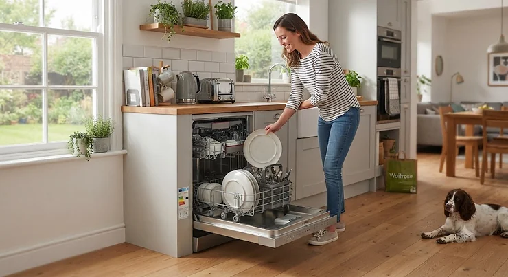 A woman loading a modern freestanding dishwasher in a bright, contemporary British kitchen. best freestanding dishwasher