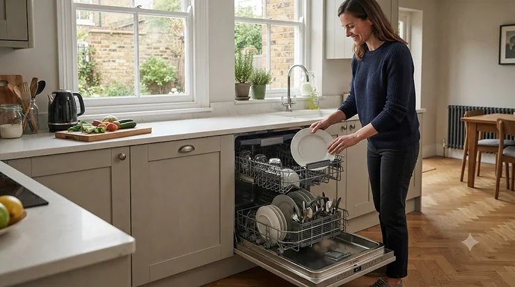 A modern, minimalist kitchen featuring the best integrated dishwasher fully concealed behind a sleek cabinet door. best integrated dishwasher