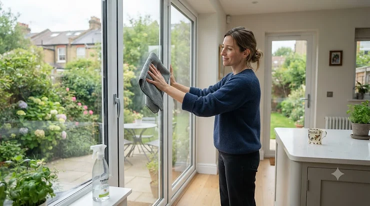 A woman in a modern British kitchen uses a lint-free microfibre cloth to polish a large glass door to a streak-free finish.lint-free cloth for windows
