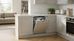 A sleek, modern slimline dishwasher seamlessly integrated into a contemporary British kitchen