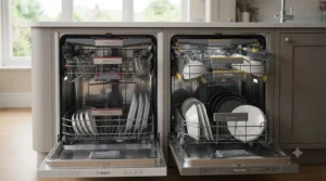 Close-up view of adjustable dishwashing baskets and cutlery trays inside a premium dishwasher, demonstrating loading capacity and flexibility.