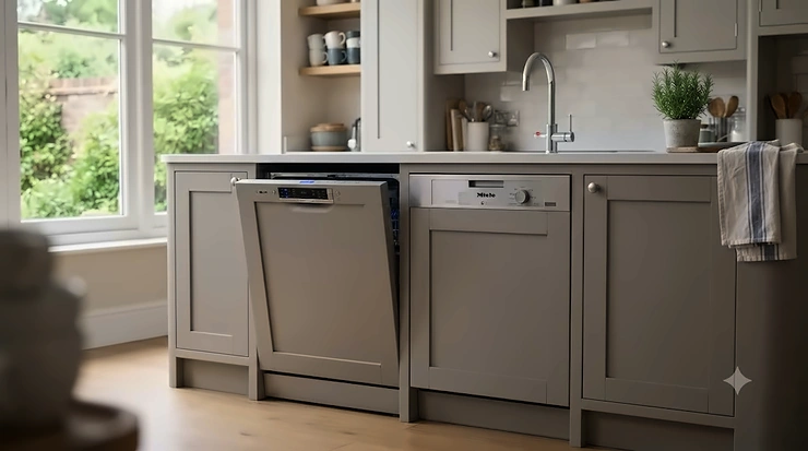 Side-by-side comparison of a Bosch and a Miele dishwasher installed in a modern British fitted kitchen, highlighting build quality and design. bosch vs miele dishwasher
