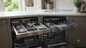 Dedicated 3D cutlery tray and basket options inside high-end dishwashers for optimal cleaning results.
