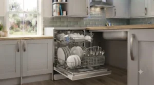 Gleaming plates and cutlery freshly washed and dried inside an affordable freestanding dishwasher