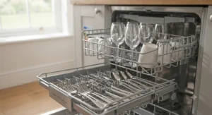 A rack of sparkling clean crockery and wine glasses inside a freestanding dishwasher.