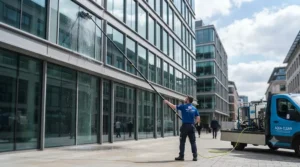 Using a long-reach water fed pole to clean windows on a multi-storey commercial building.