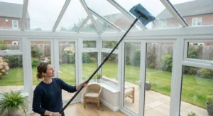 Using a long-reach tool with a microfibre cloth attachment to clean conservatory windows.