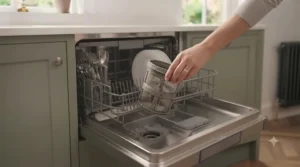 A person cleaning the removable filter of a dishwasher to maintain performance.