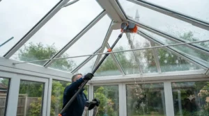 Using a long-reach telescopic tool to clean interior conservatory roof glass safely.