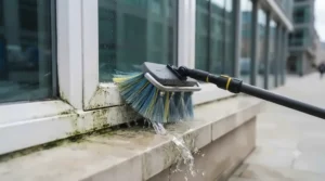 Water fed pole brush effectively scrubbing dirt from a window frame and sill.