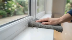 A hand uses a folded lint-free cloth to wipe dust and grime from the edge of a white UPVC window frame and sill.