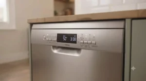 Close-up of a compact dishwasher control panel featuring eco-wash and quick-cycle settings.