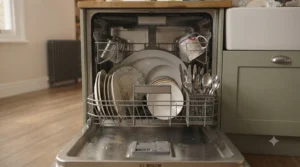 The interior rack of a small dishwasher fully loaded with plates, bowls, and cutlery.